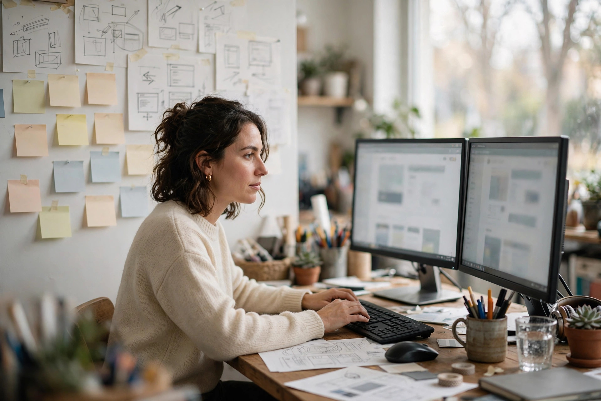 Web designer workspace with website wireframes